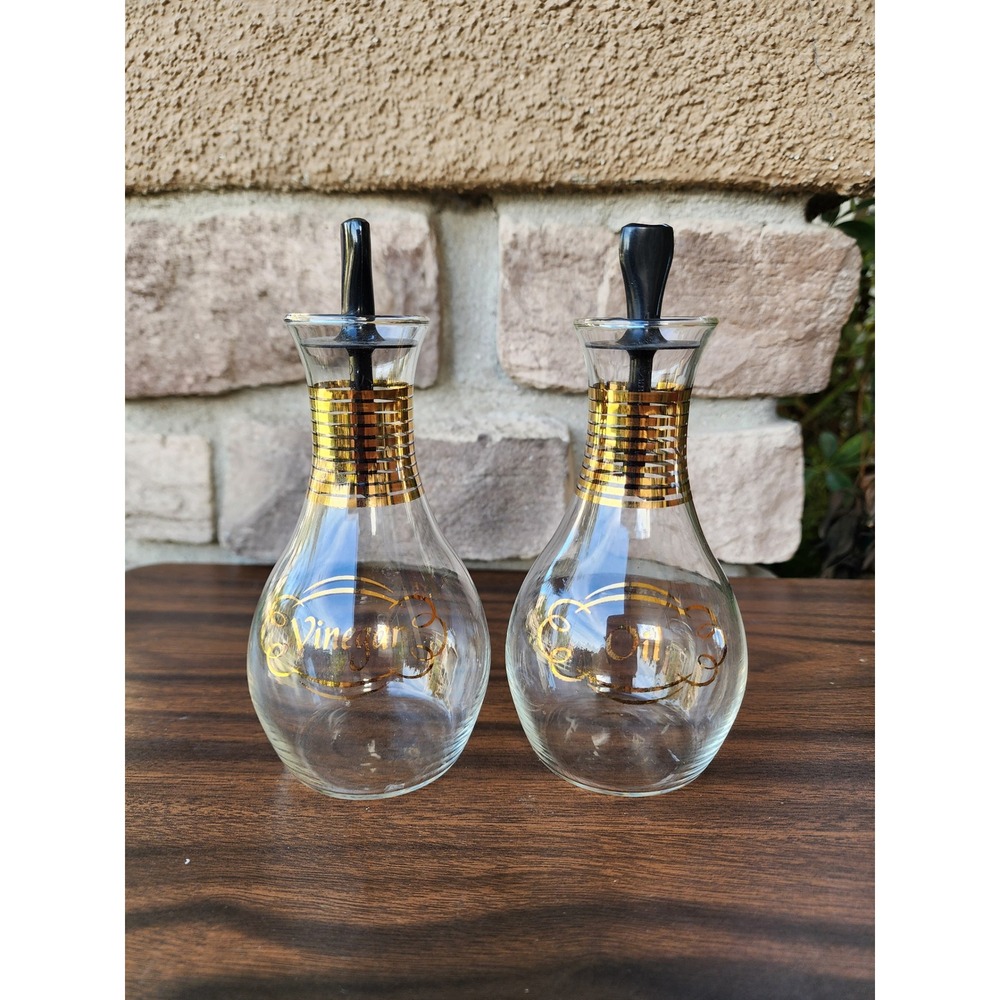 Vintage Pyrex Oil & Vinegar Cruet Set Gold Banding Black Stoppers USA